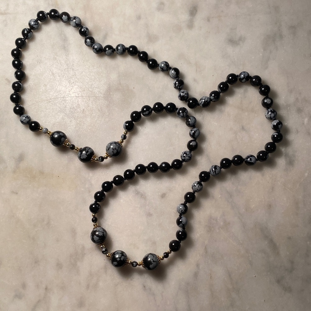 Black and Grey Snowflake Obsidian beaded necklace, 31 inches
